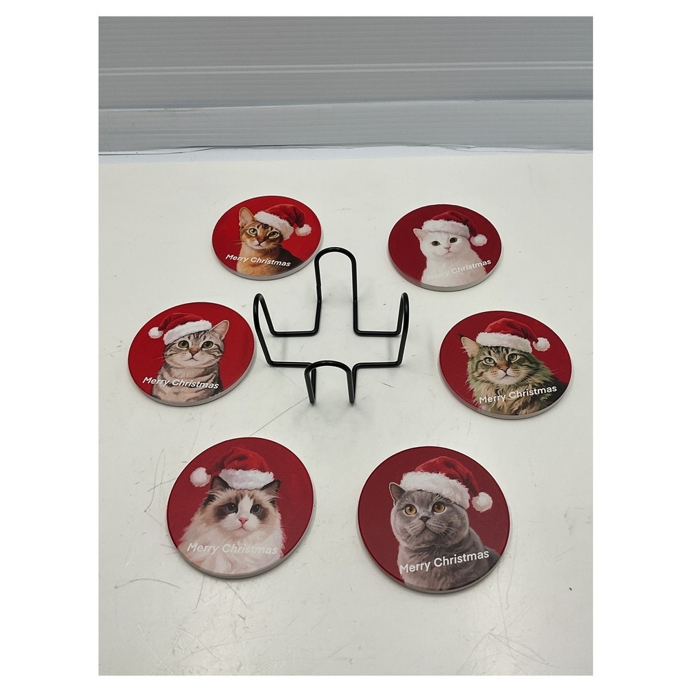 Unbranded Christmas‎ Cat Coaster Set of 6 with Holder Ceramic Cork Backed New